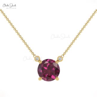 Natural 0.75ct Rhodolite Garnet & Diamond Necklace 14k Solid Gold Prong Set Necklace For Women