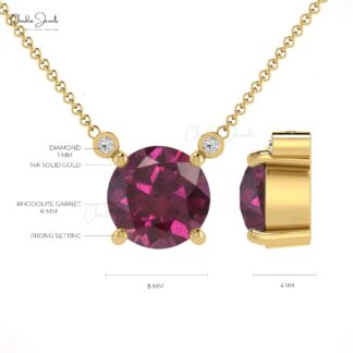 Natural 0.75ct Rhodolite Garnet & Diamond Necklace 14k Solid Gold Prong Set Necklace For Women