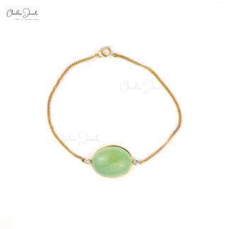 Real 14k Yellow Gold Chain Bracelets With 20 Ct Prehnite And Diamond Bezel Set Bracelets