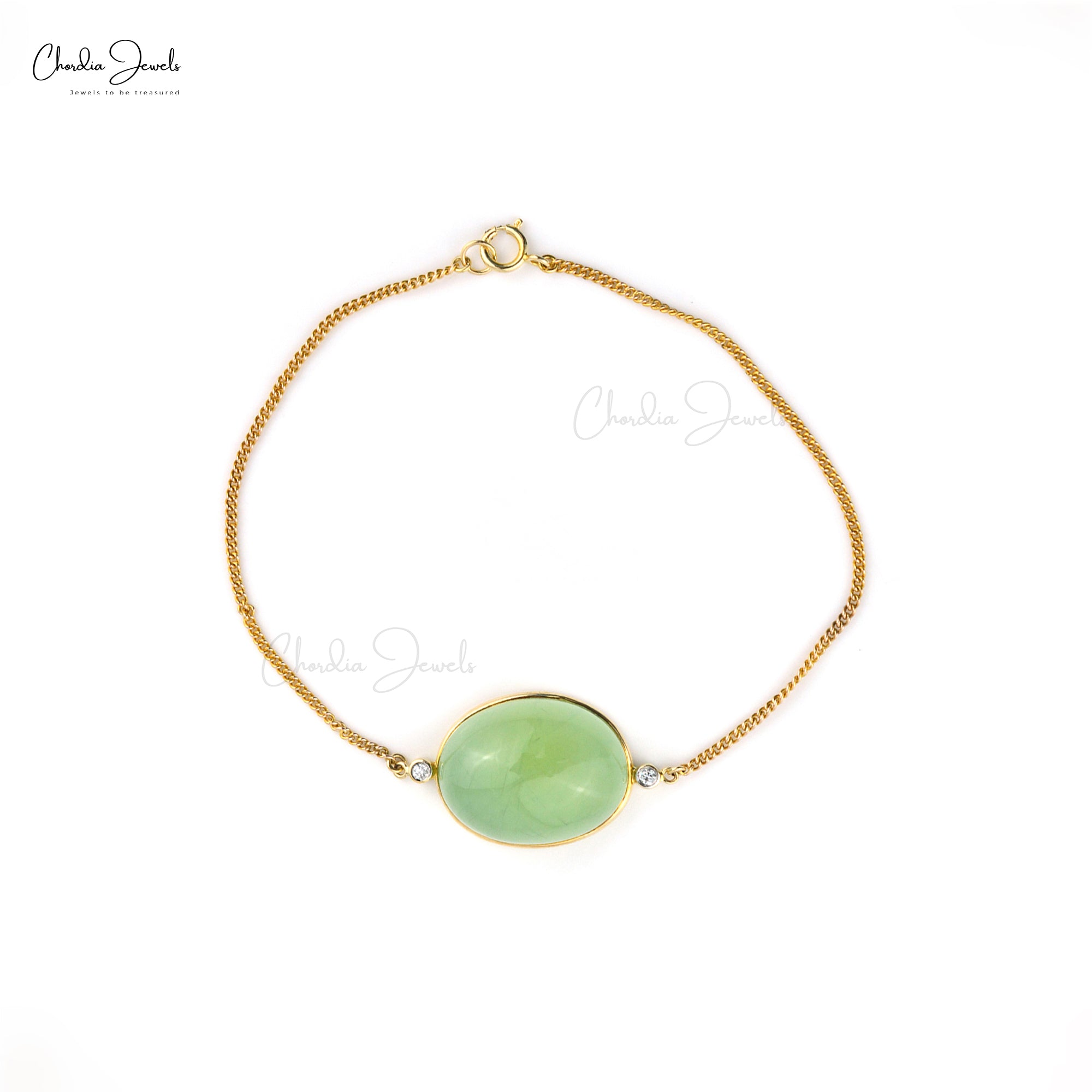 Real 14k Yellow Gold Chain Bracelets With 20 Ct Prehnite And Diamond Bezel Set Bracelets