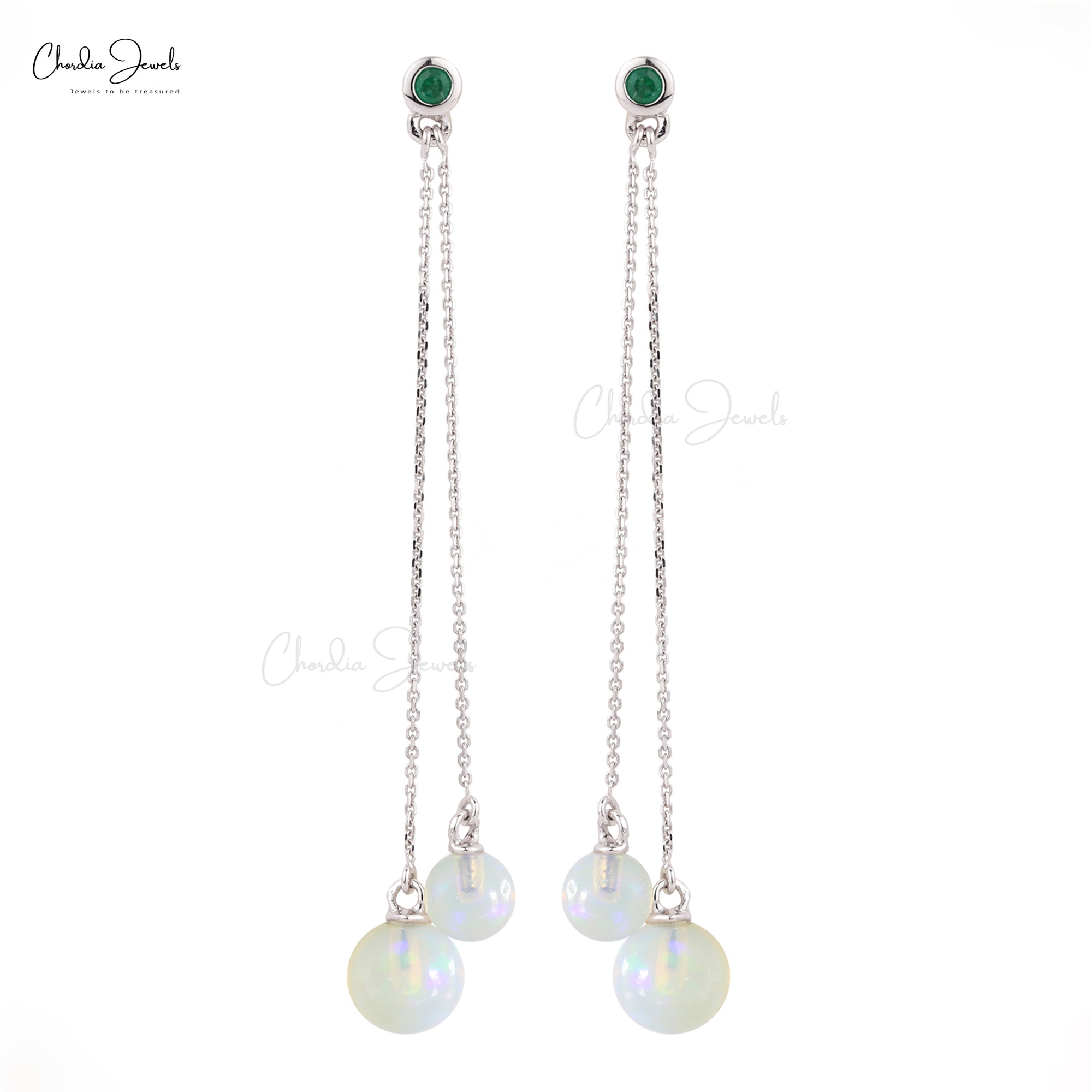 14K White Gold Opal Emerald Drop Earrings