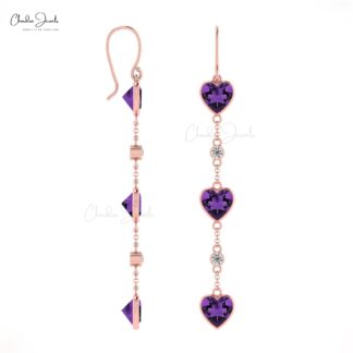 Real 14k Gold Diamond Dangling Earrings For Women, 4.08 Ct Wire Cut Natural Purple Amethyst Earrings With Fish Hook, 6mm Heart Cut February Birthstone Light Weight Jewelry