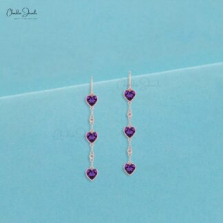 Real 14k Gold Diamond Dangling Earrings For Women, 4.08 Ct Wire Cut Natural Purple Amethyst Earrings With Fish Hook, 6mm Heart Cut February Birthstone Light Weight Jewelry
