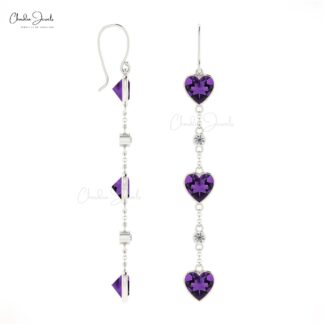 Real 14k Gold Diamond Dangling Earrings For Women, 4.08 Ct Wire Cut Natural Purple Amethyst Earrings With Fish Hook, 6mm Heart Cut February Birthstone Light Weight Jewelry