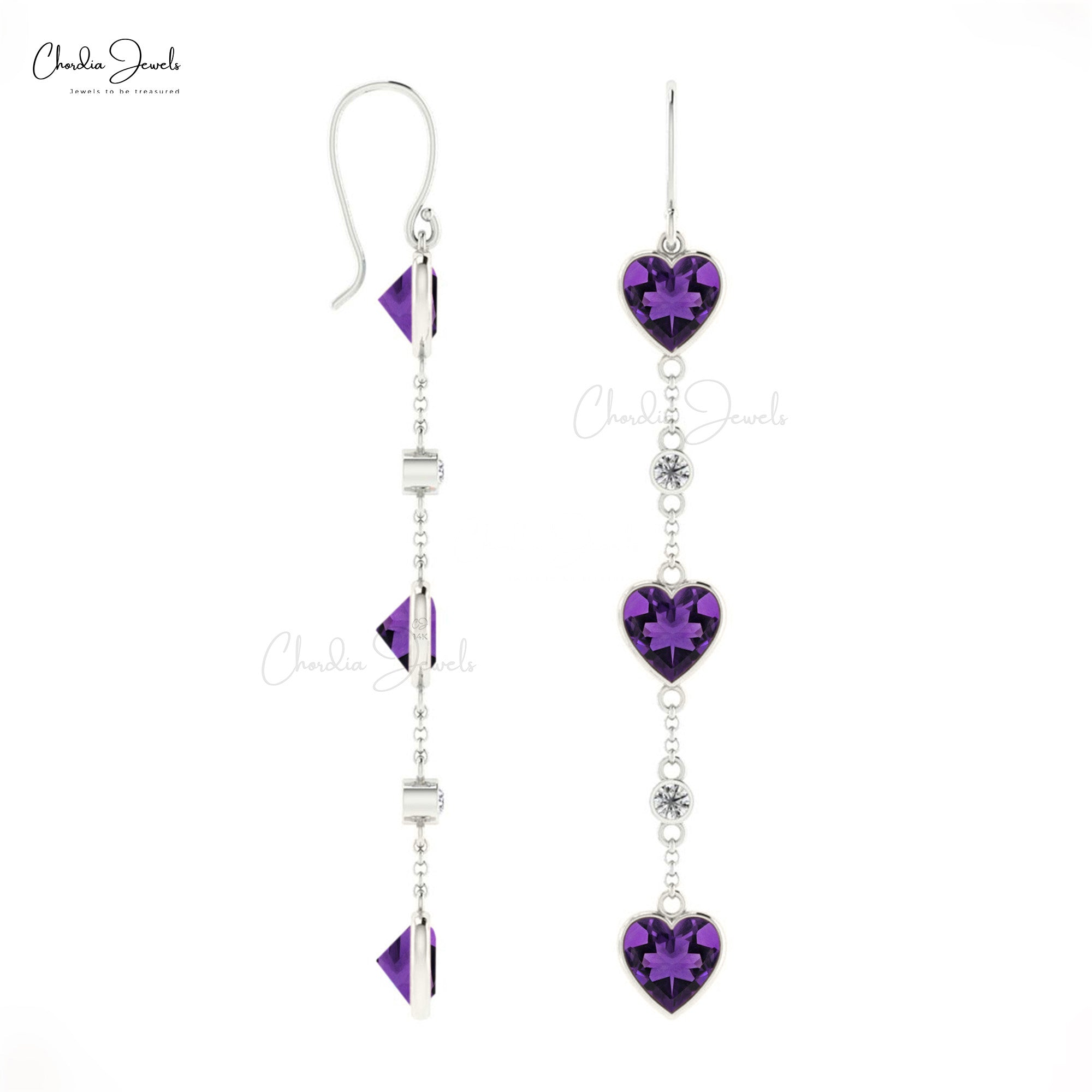 Real 14k Gold Diamond Dangling Earrings For Women, 4.08 Ct Wire Cut Natural Purple Amethyst Earrings With Fish Hook, 6mm Heart Cut February Birthstone Light Weight Jewelry