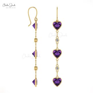 Real 14k Gold Diamond Dangling Earrings For Women, 4.08 Ct Wire Cut Natural Purple Amethyst Earrings With Fish Hook, 6mm Heart Cut February Birthstone Light Weight Jewelry