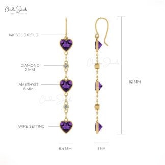 Real 14k Gold Diamond Dangling Earrings For Women, 4.08 Ct Wire Cut Natural Purple Amethyst Earrings With Fish Hook, 6mm Heart Cut February Birthstone Light Weight Jewelry