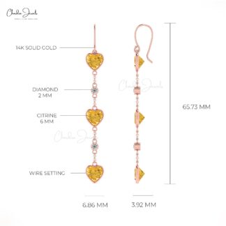 Natural 6mm Citrine Dangle Earrings in 14k Solid Gold Diamonds Accent Jewelry For Women