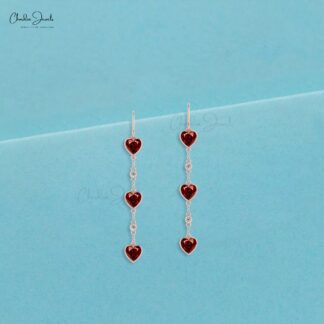 Natural Heart Garnet Dangle Earrings 14k Real Gold 2mm Diamond Modern Chain Earring For Her