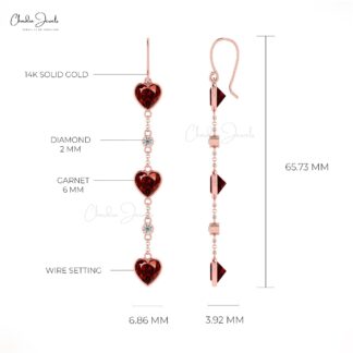 Natural Heart Garnet Dangle Earrings 14k Real Gold 2mm Diamond Modern Chain Earring For Her