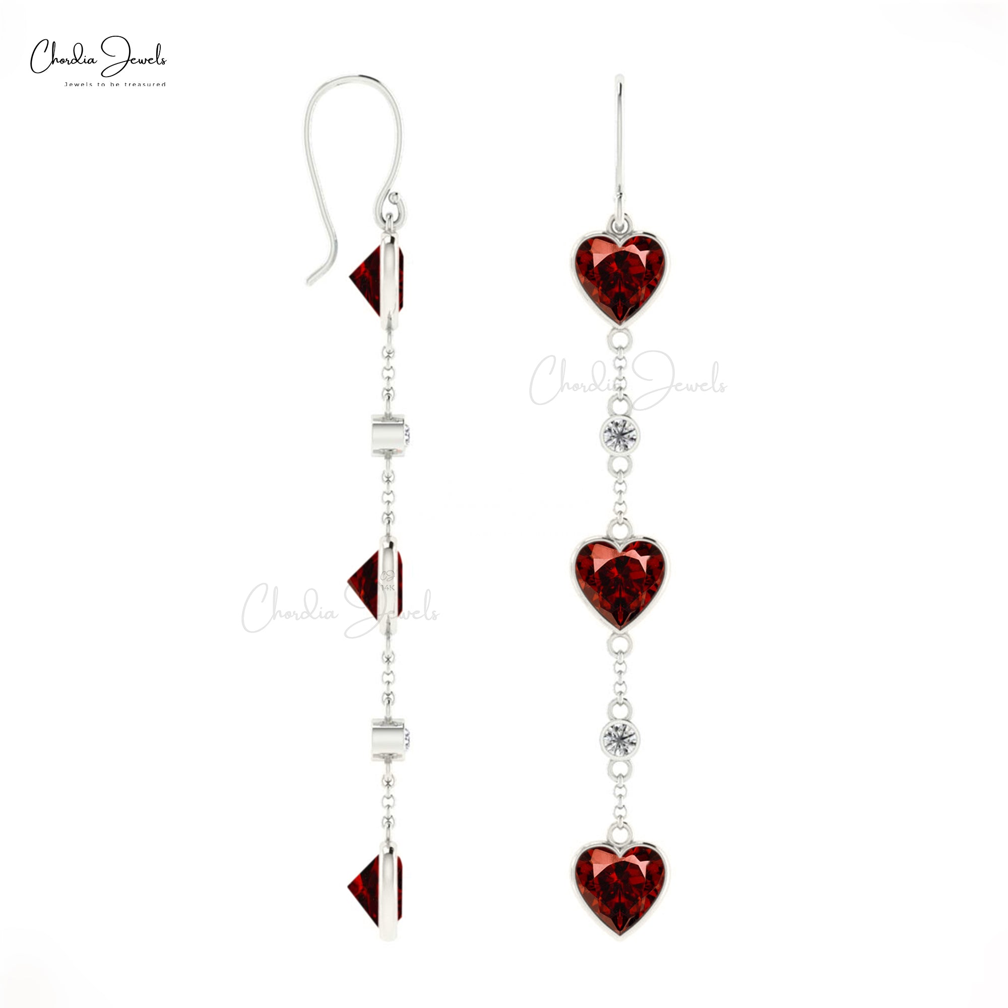 Natural Heart Garnet Dangle Earrings 14k Real Gold 2mm Diamond Modern Chain Earring For Her