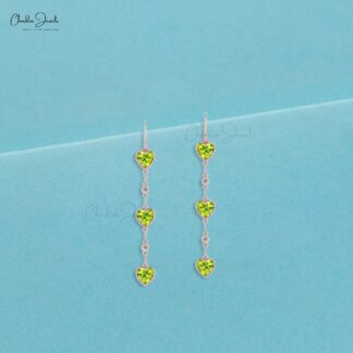 Dangling Heart Earrings In 14k Solid Gold Natural Peridot & Diamond Bezel Set Earring