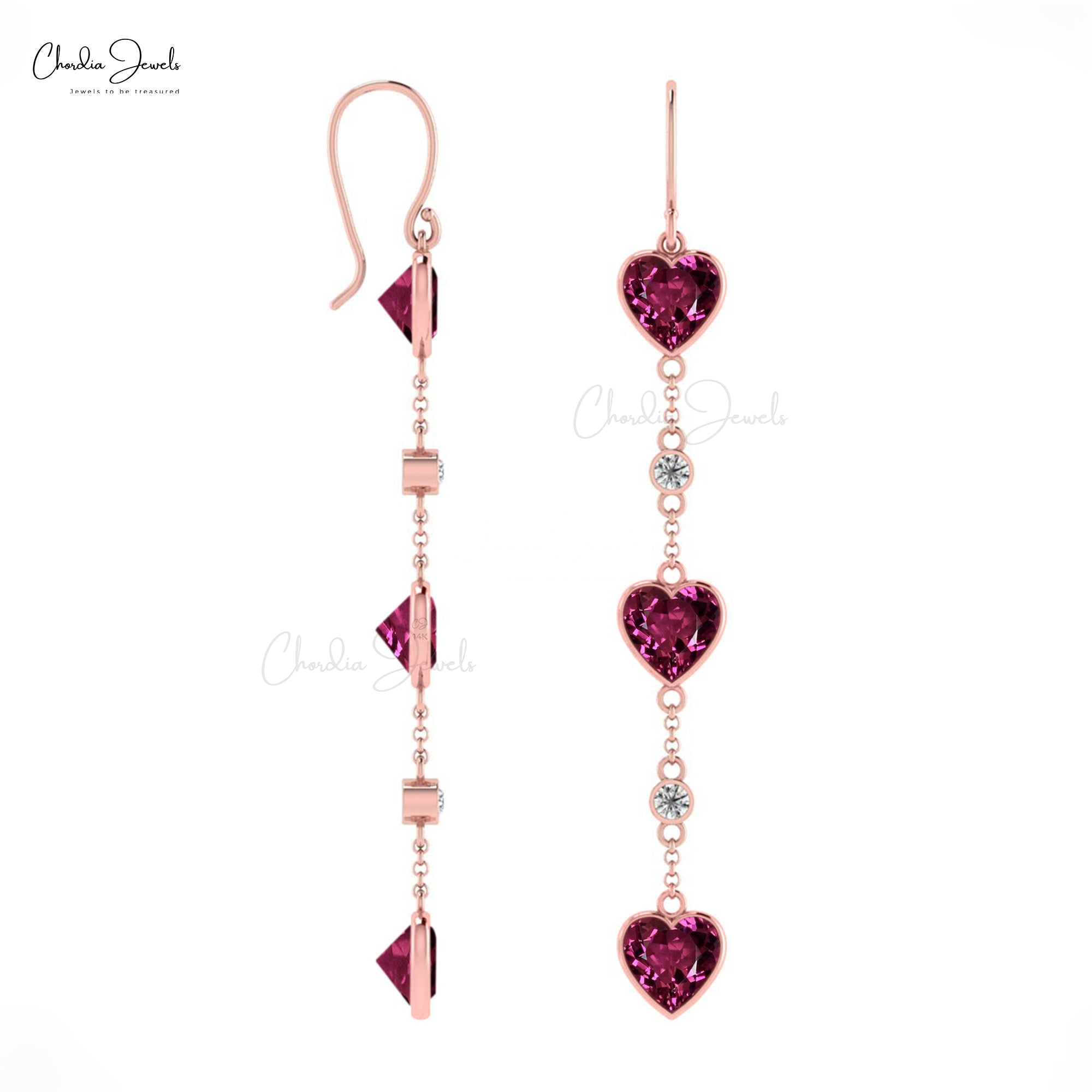 Genuine Diamond & Rhodolite Garnet Dangle Earrings 14k Solid Gold Earring For Valentine’s Day Gift