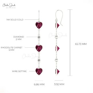 Genuine Diamond & Rhodolite Garnet Dangle Earrings 14k Solid Gold Earring For Valentine’s Day Gift