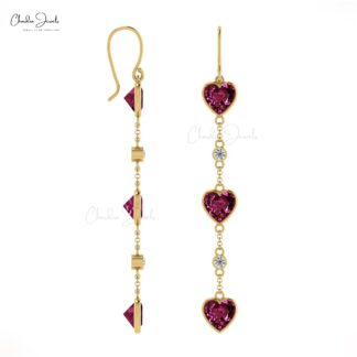Genuine Diamond & Rhodolite Garnet Dangle Earrings 14k Solid Gold Earring For Valentine’s Day Gift