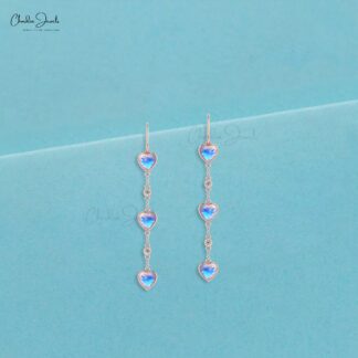 Dangling Heart Earrings With Rainbow Moonstone 14k Real Gold Diamond Studded Earring