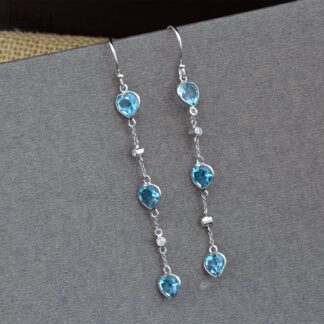 Genuine Swiss Blue Topaz Dainty Earrings 6mm Heart Cut Gemstone Dangle Earrings For Her 14k Solid White Gold Diamond Minimalist Summer Jewelry