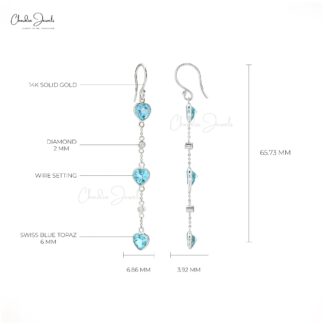 Genuine Swiss Blue Topaz Dainty Earrings 6mm Heart Cut Gemstone Dangle Earrings For Her 14k Solid White Gold Diamond Minimalist Summer Jewelry