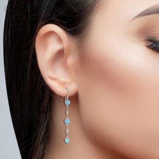 Genuine Swiss Blue Topaz Dainty Earrings 6mm Heart Cut Gemstone Dangle Earrings For Her 14k Solid White Gold Diamond Minimalist Summer Jewelry