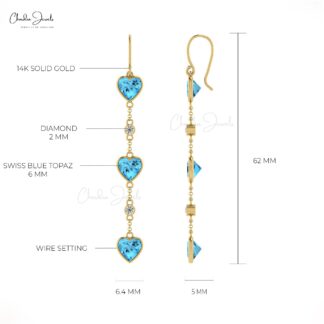 Unique Swiss Blue Topaz Drop Dangle Earring with 14k Gold Ear Wire