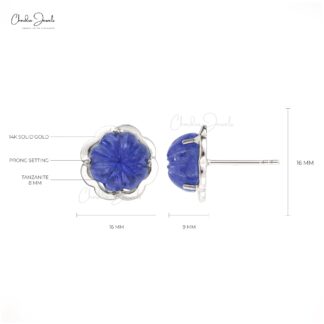 Carved Gemstone Earrings With 8mm Tanzanite December Birthstone Studs In 14k White Gold
