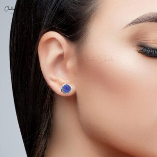 Carved Gemstone Earrings With 8mm Tanzanite December Birthstone Studs In 14k White Gold