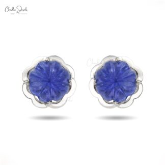 Carved Gemstone Earrings With 8mm Tanzanite December Birthstone Studs In 14k White Gold