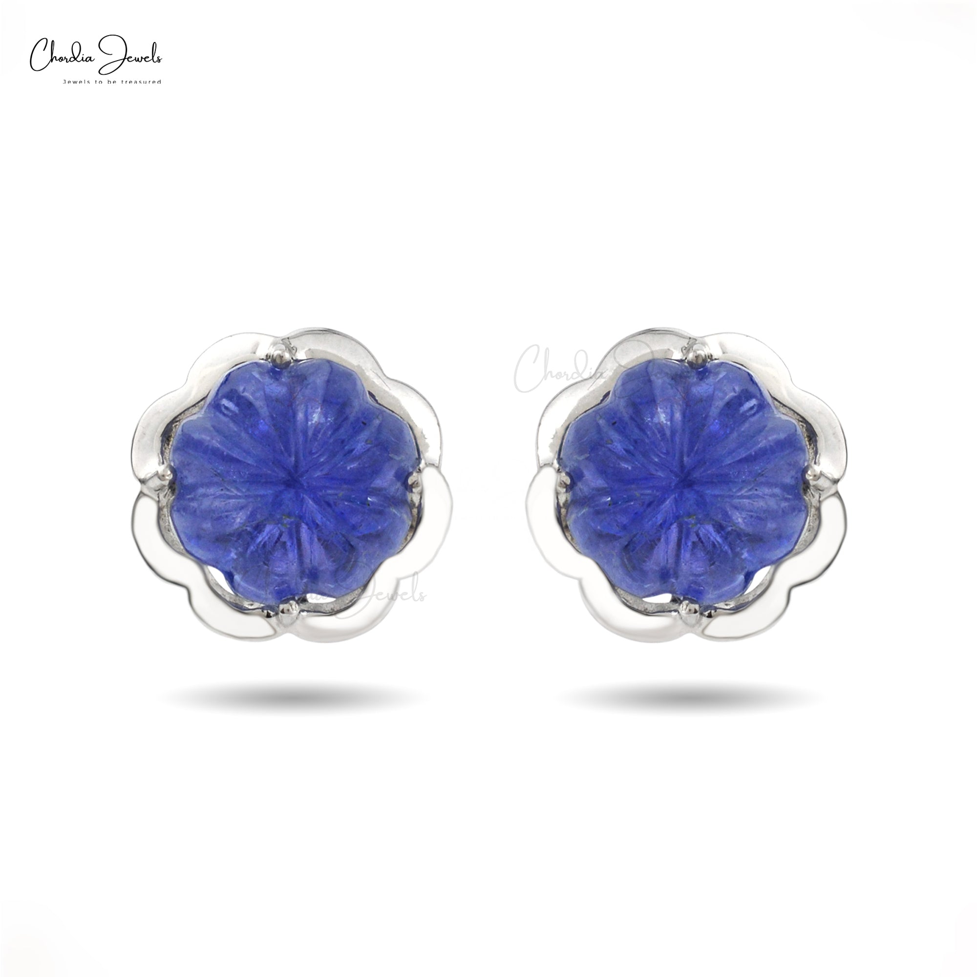 Carved Gemstone Earrings With 8mm Tanzanite December Birthstone Studs In 14k White Gold