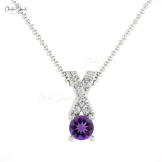 Natural Amethyst 0.42 Ct Gemstone Pendant In 14k Real Gold G-H Diamond Cross Necklace