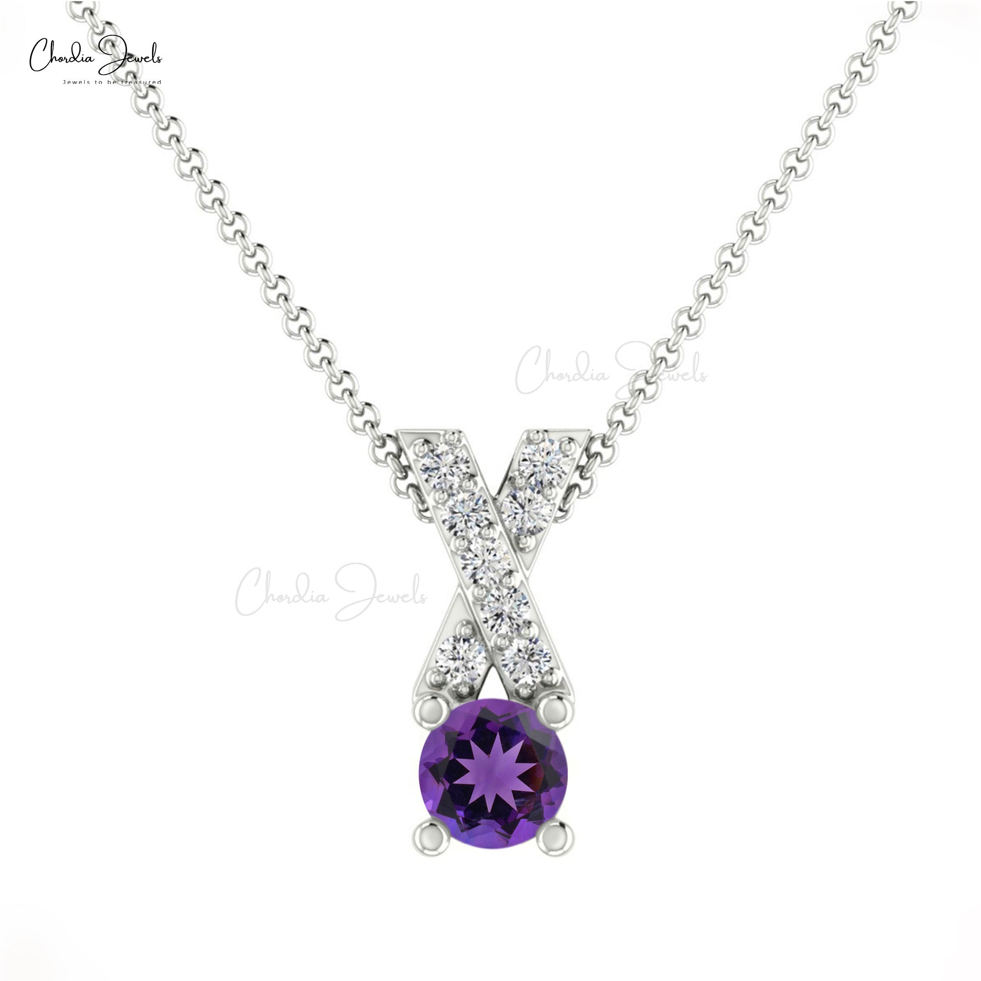 Natural Amethyst 0.42 Ct Gemstone Pendant In 14k Real Gold G-H Diamond Cross Necklace
