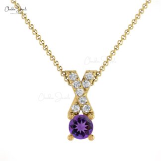Natural Amethyst 0.42 Ct Gemstone Pendant In 14k Real Gold G-H Diamond Cross Necklace