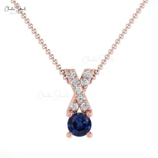 Round Gemstone Cross Pendant With 5mm Blue Sapphire And Diamond 14k Solid Gold Jewelry