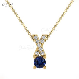 Round Gemstone Cross Pendant With 5mm Blue Sapphire And Diamond 14k Solid Gold Jewelry