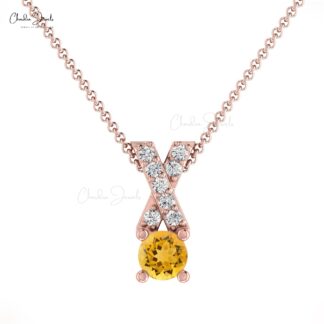 Criss Cross Gemstone Charm in Pure 14k Gold Citrine And Diamond Pendant For Her