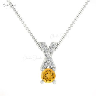 Criss Cross Gemstone Charm in Pure 14k Gold Citrine And Diamond Pendant For Her