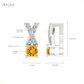 Criss Cross Gemstone Charm in Pure 14k Gold Citrine And Diamond Pendant For Her