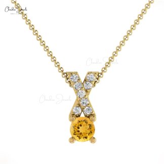 Criss Cross Gemstone Charm in Pure 14k Gold Citrine And Diamond Pendant For Her