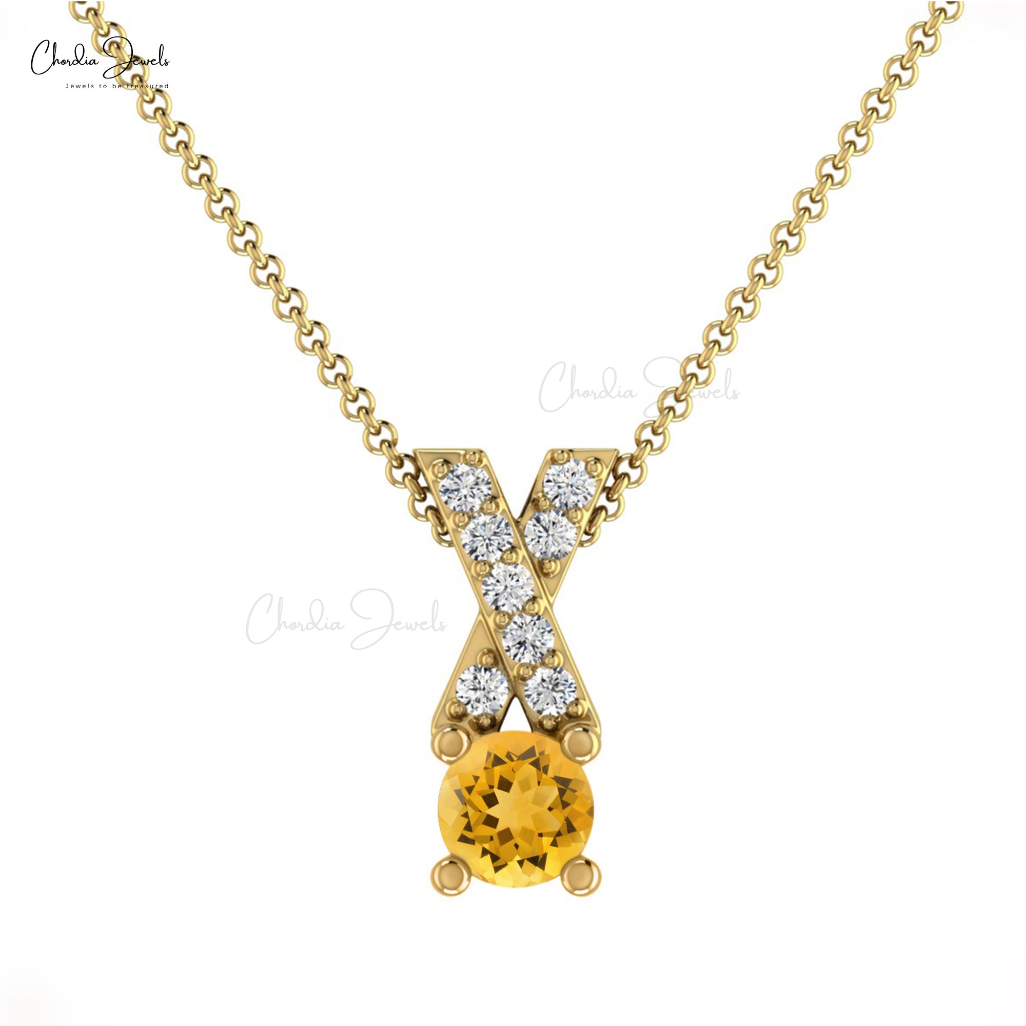 Criss Cross Gemstone Charm in Pure 14k Gold Citrine And Diamond Pendant For Her