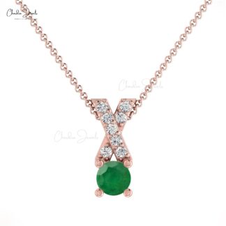 Criss-Cross Pendant With Natural Emerald & Round Diamond 14k Real Gold Unique Pendant
