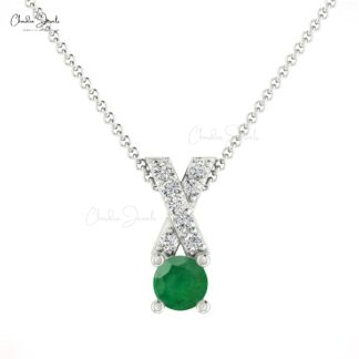 Criss-Cross Pendant With Natural Emerald & Round Diamond 14k Real Gold Unique Pendant