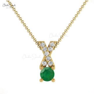 Criss-Cross Pendant With Natural Emerald & Round Diamond 14k Real Gold Unique Pendant