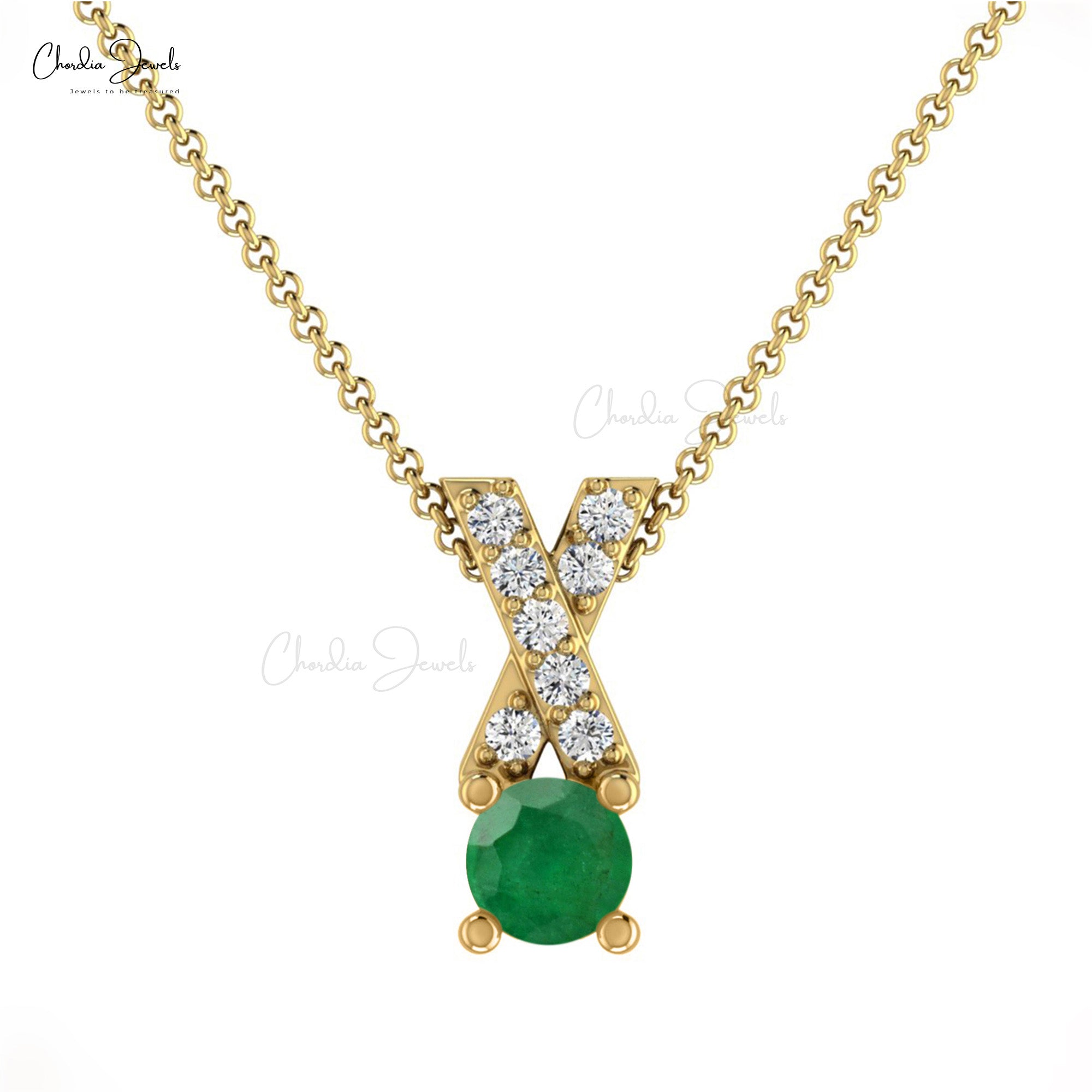 Criss-Cross Pendant With Natural Emerald & Round Diamond 14k Real Gold Unique Pendant