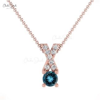 Dainty Criss Cross Charm in Real 14k Gold London Blue Topaz 5mm Gemstone Diamond Pendant