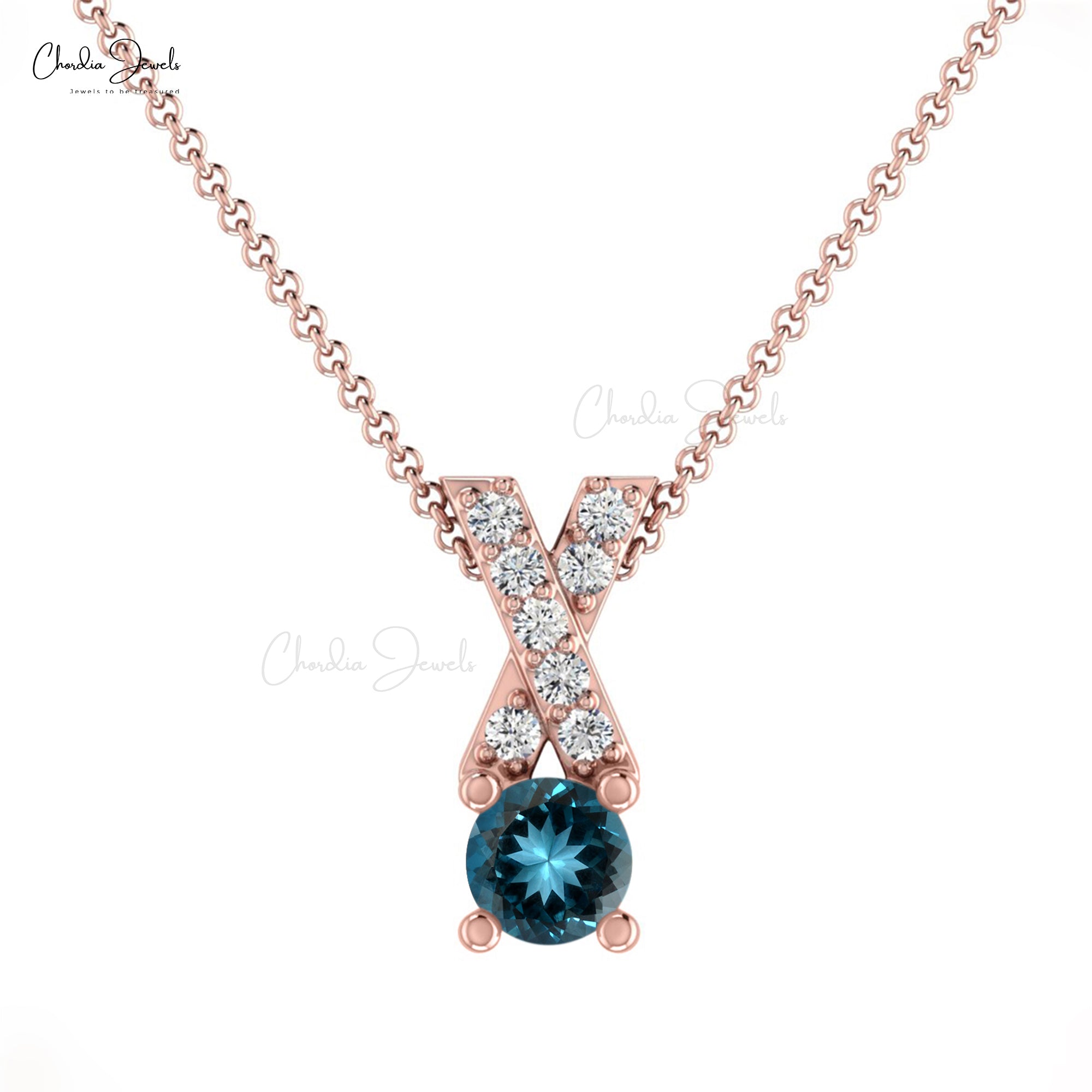 Dainty Criss Cross Charm in Real 14k Gold London Blue Topaz 5mm Gemstone Diamond Pendant