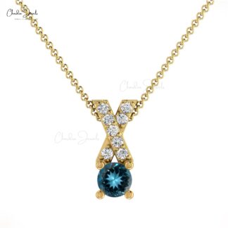 Dainty Criss Cross Charm in Real 14k Gold London Blue Topaz 5mm Gemstone Diamond Pendant
