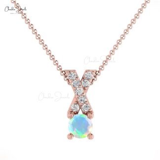 Real 14k Gold Criss Cross Charm With 5mm Fire Opal And Diamond Pendant For Mom