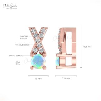 Real 14k Gold Criss Cross Charm With 5mm Fire Opal And Diamond Pendant For Mom
