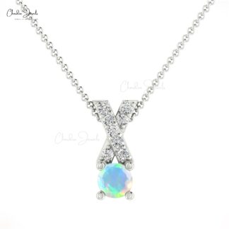 Real 14k Gold Criss Cross Charm With 5mm Fire Opal And Diamond Pendant For Mom