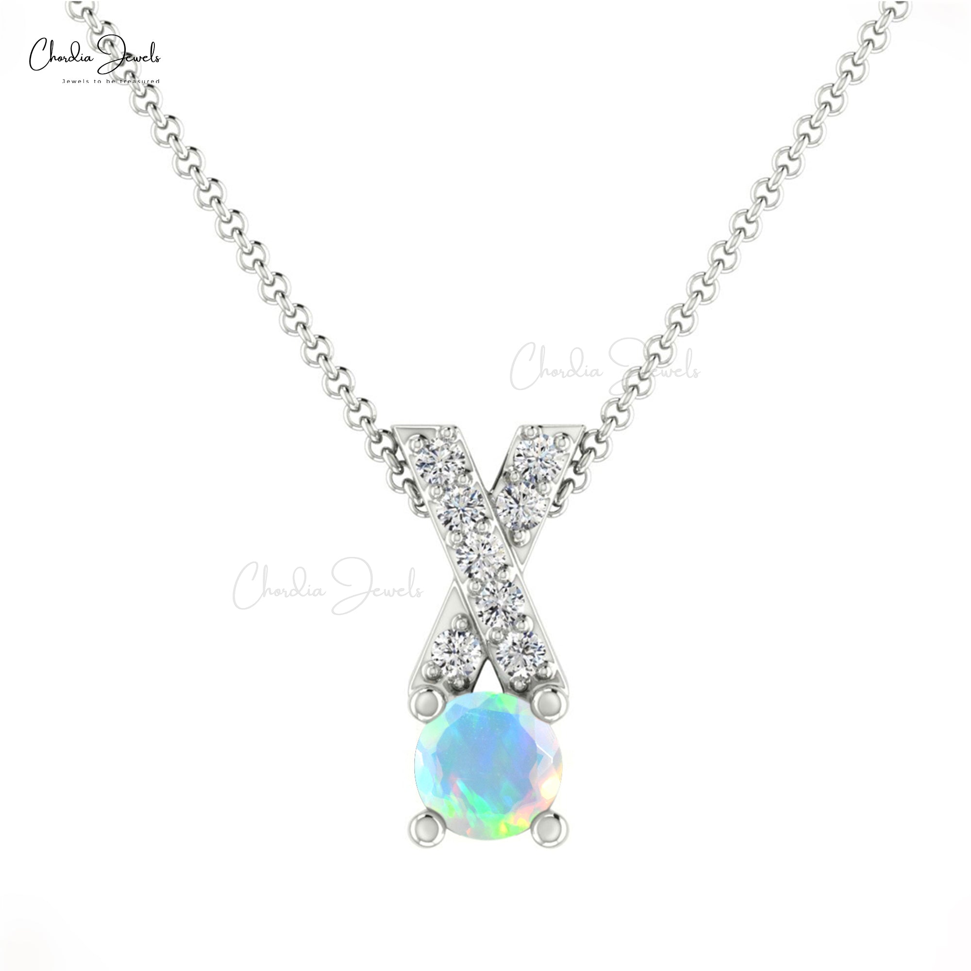 Real 14k Gold Criss Cross Charm With 5mm Fire Opal And Diamond Pendant For Mom