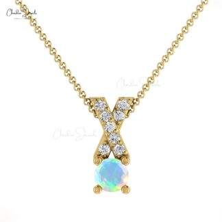Real 14k Gold Criss Cross Charm With 5mm Fire Opal And Diamond Pendant For Mom
